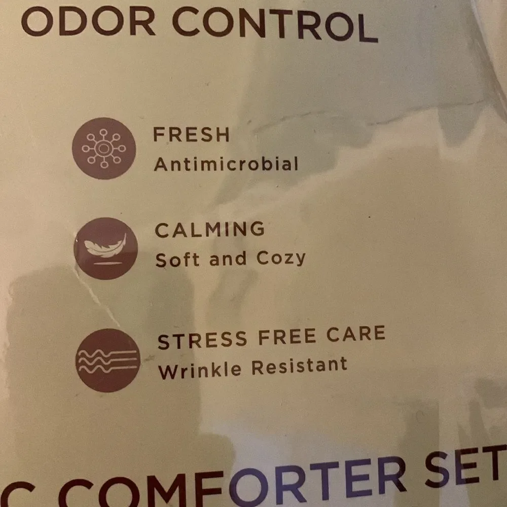 Three piece white antimicrobial odor control comforter set.  From Home Depot